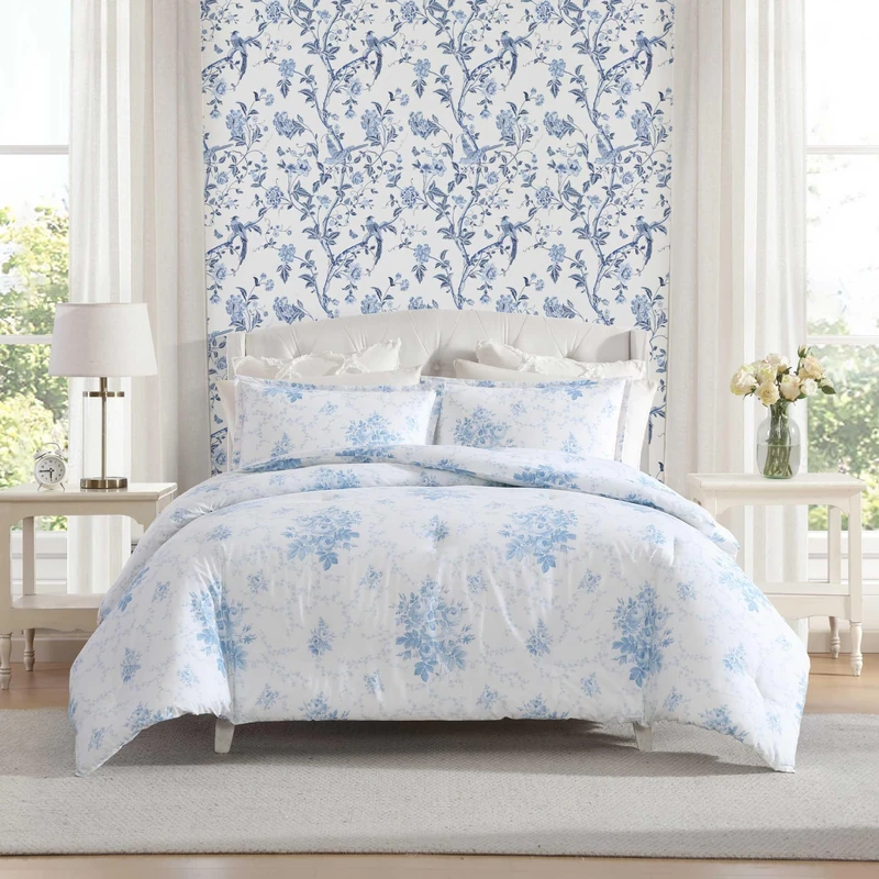 Laura Ashley - Full/Queen Duvet Cover Set, Plain Weave Cotton Bedding with Matching Shams, Button Closure, Lightweight for Year Round Use, Oeko-Tex Certified (Sophia Blue) - Image 1