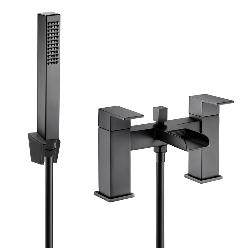 VeeBath Kinetic Square Waterfall Bath Shower Mixer – Matt Black Finish, Dual Lever Control, G1/2" BSP Inlet, Square Showerhead & Handheld Shower, Deck Mounted Bathroom Taps Pair