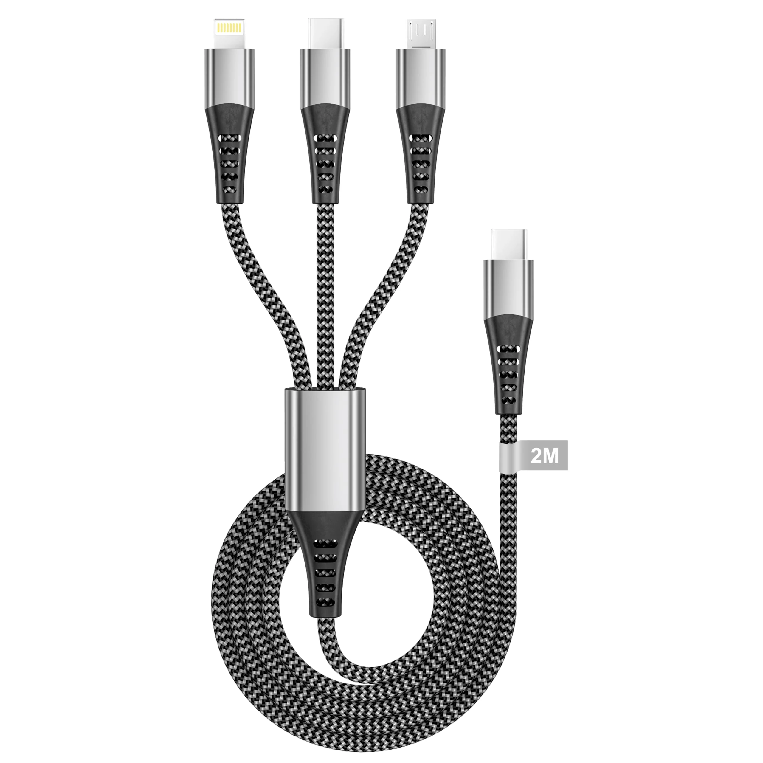 100W USB C Multi Charger Cable 2M, 3 in 1 Fast Charging Cable Nylon Braided Multi Charger Cable Lead with Micro USB Type C Lightning Cable Connector for iPhone, Android, Samsung Galaxy, Huawei, Xiaomi