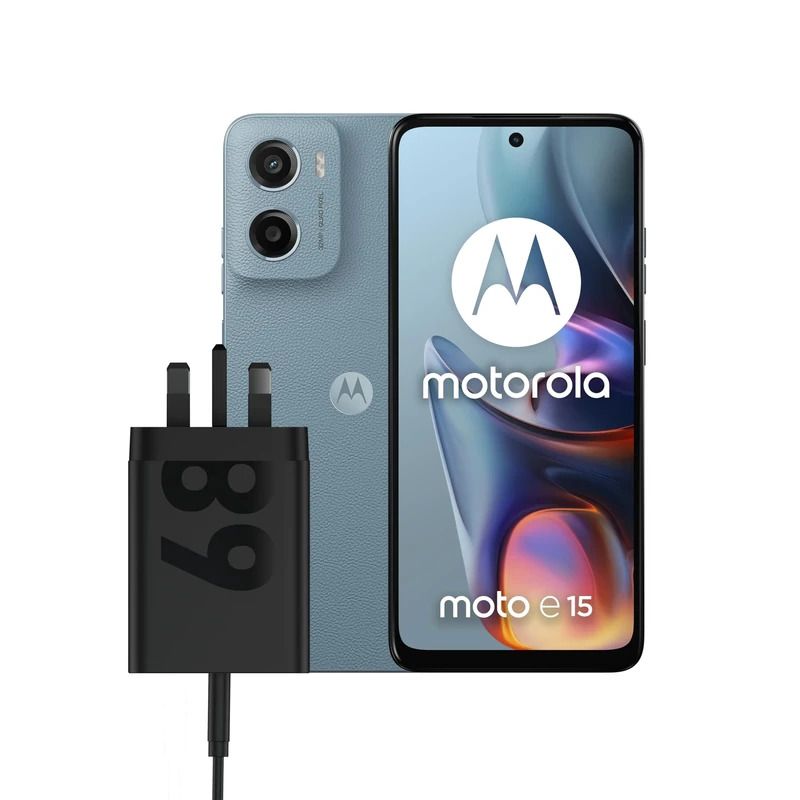 Motorola E15 Misty Blue 2+64 and Moto UK Charger - Single port 68w