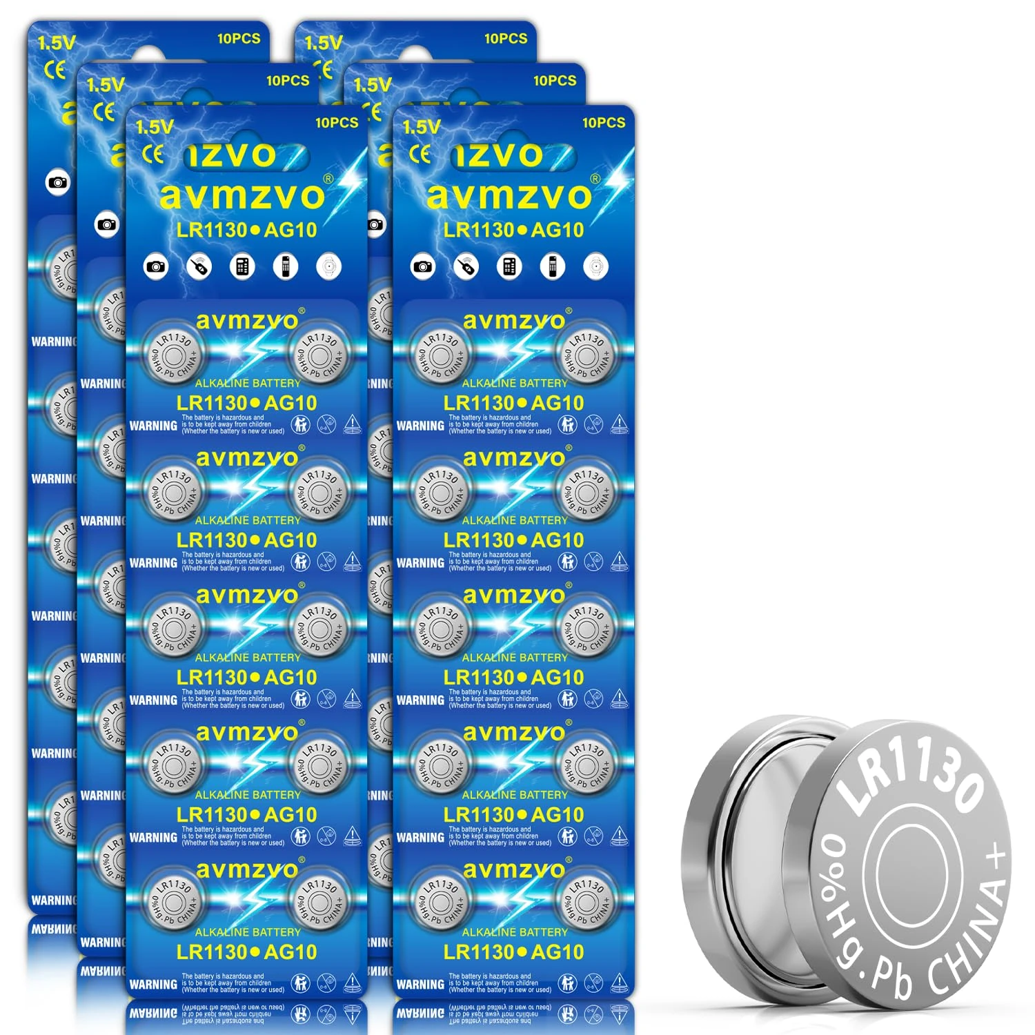 avmzvo LR1130 Button Cell Batteries AG10 LR54 189 389 1.5 V Alkaline Button Cells Pack of 60 No Mercury Childproof Packaging