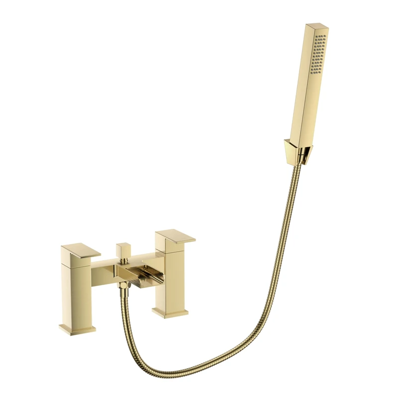 VeeBath Kinetic Square Waterfall Bath Shower Mixer – Brushed Brass Finish, Dual Lever Control, G1/2" BSP Inlet, Showerhead & Handheld Shower, Deck Mounted Square Bathroom Taps Pair