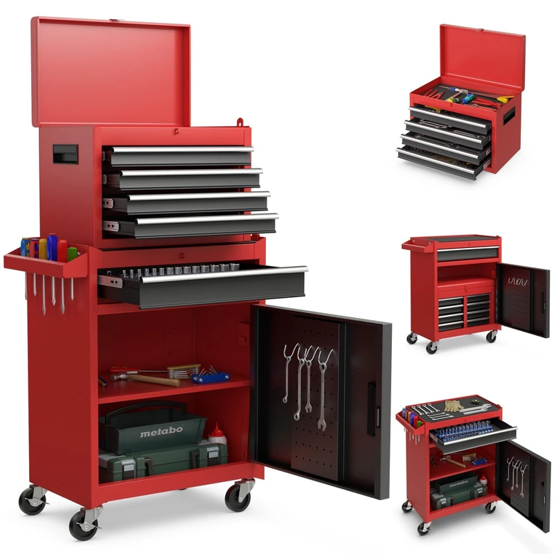 FANTASK Workshop Trolley Lockable on Wheels, 2-in-1 Professional Tool Trolley with Case & 8 Compartments & Hooks & Adjustable Shelf, 59 x 28 x 102 cm