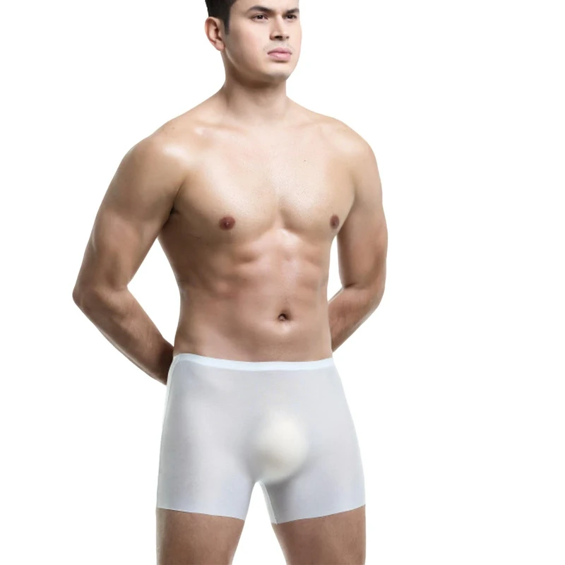 Men's Ice Silk Boxer Briefs See-Through Transparent Fast Drying Fitness Sport Underwear, White, XL
