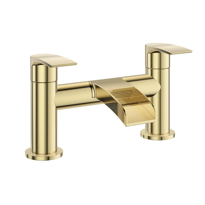 VeeBath Stream Round Waterfall Bath Filler Mixer – Brushed Brass Finish, Deck Mounted Bathroom Tap, Modern Bath Tap Mixer with G3/4" BSP Inlet, Contemporary Design