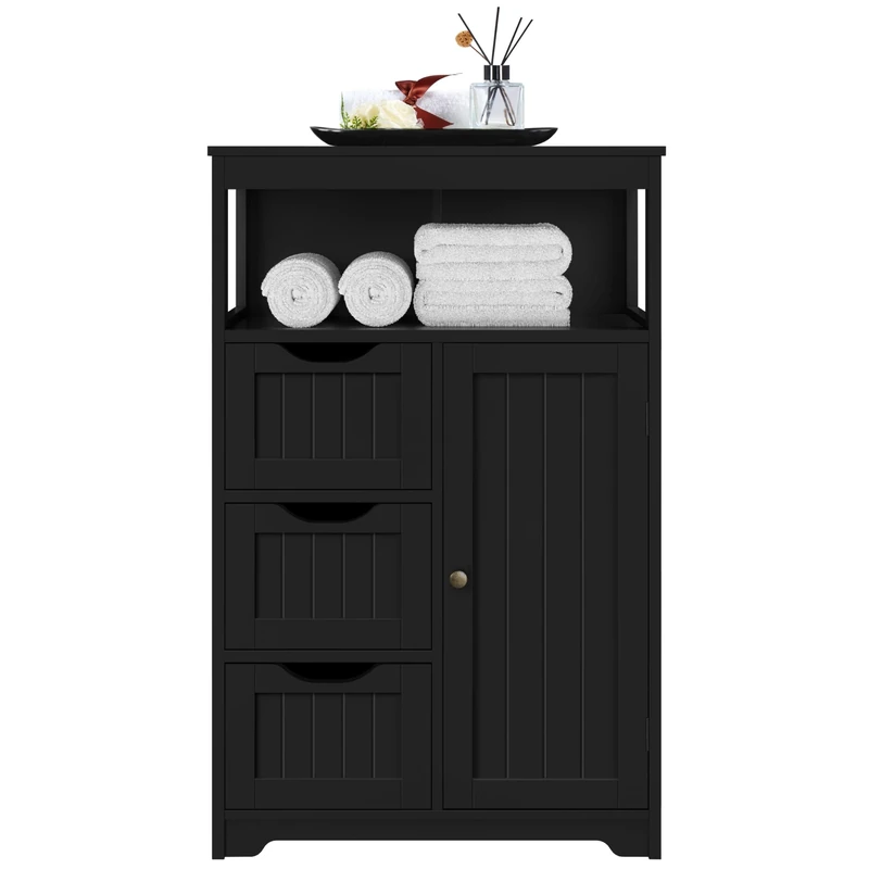 Yaheetech Bathroom Floor Cabinet, Storage Organizer with Open Storage Shelf, Free-standing Floor Cabinets with 3 Drawers and 1 Door, Adjustable Shelf for Living Room/Kitchen/Entryway Black