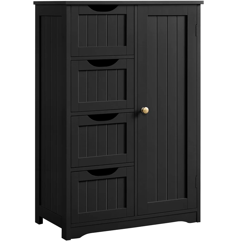Yaheetech Bathroom Floor Cabinet Wooden Freestanding Storage Organizer with 4 Drawers & 1 Door, Adjustable Shelf, Black