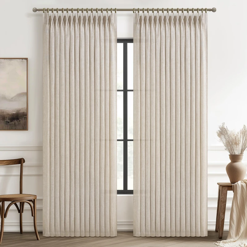 Natural Linen Semi Sheer Large Curtains 102 Inches Long 2 Panels Set for Nursery, Memory Trained Pinch Pleated Extra Wide Light Filtering Rustic Windows Curtain for Bedroom 70 x 102 Inch Length