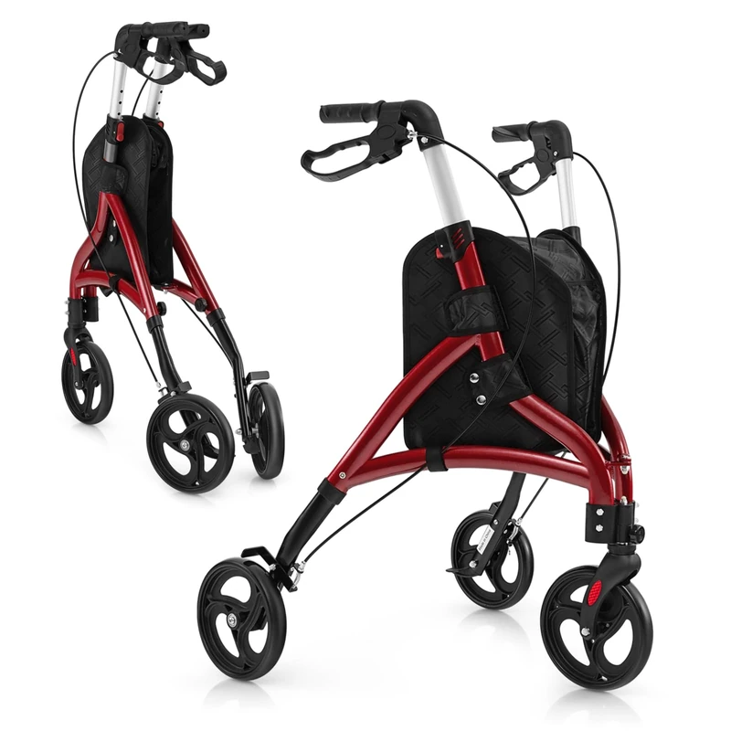 GYMAX Lightweight Rollator Walkers, Foldable Tri Walking with Adjustable Handle, Large Shopping Bag and Lockable Brakes, Medical Walking Aid for Seniors & Disabled (Red)