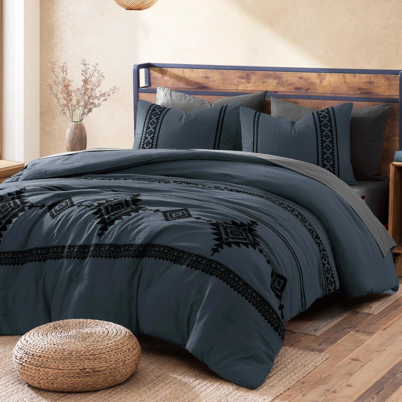 MaiRêve Embroidery King Size Comforter Set 7 Pieces Blue Grey Bed in a Bag