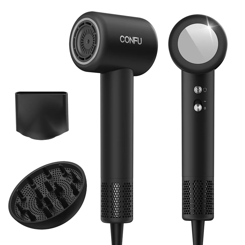 CONFU Hairdryer with Diffuser, High-Speed Hairdryer 110,000 RPM,200 Million Ionic Hair Dryer with 2 Speed 4 Heat Setting,Hairdryers with Magnetic Diffuser and Concentrator Nozzle,59dB Low Noise