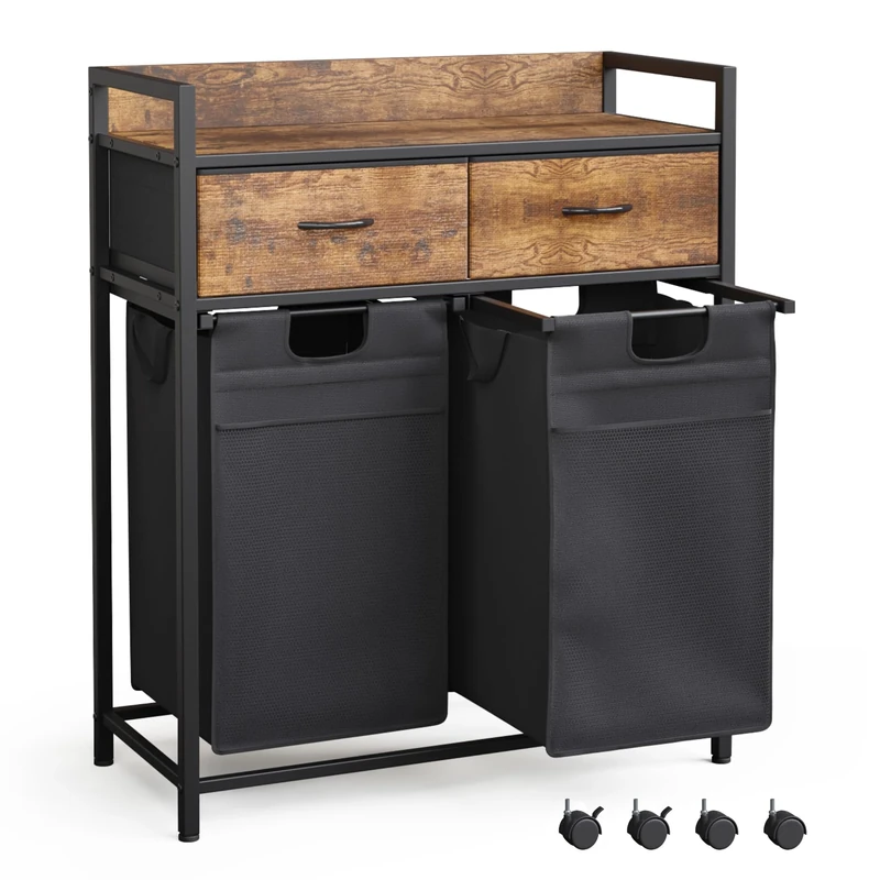 Mondeer Laundry Hamper Baskets 2 Section with 2 Drawers, 100L Laundry Sorter with Wheels Pull-Out Removable Laundry Bags, Rustic Brown and Black