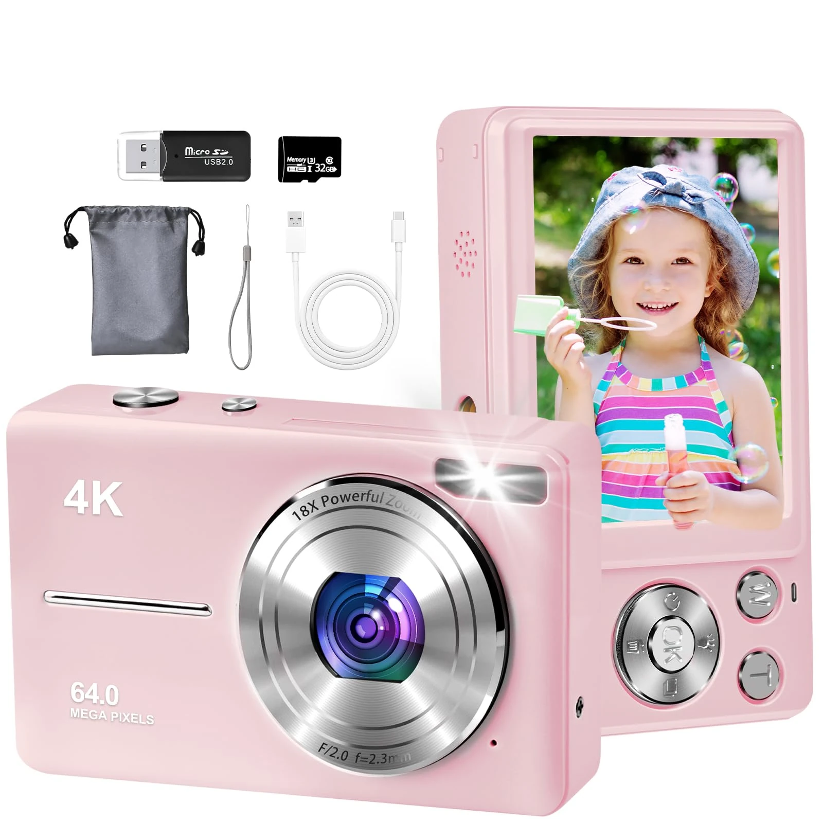 4K Digital Camera, Autofocus 64MP Vlogging Camera with 32GB TF Card, 2.8'' LED Screen, 18X Zoom, Anti-Shake, Large Battery, Portable YouTube Compact Digital Camera for Kids Teens Adult Beginner