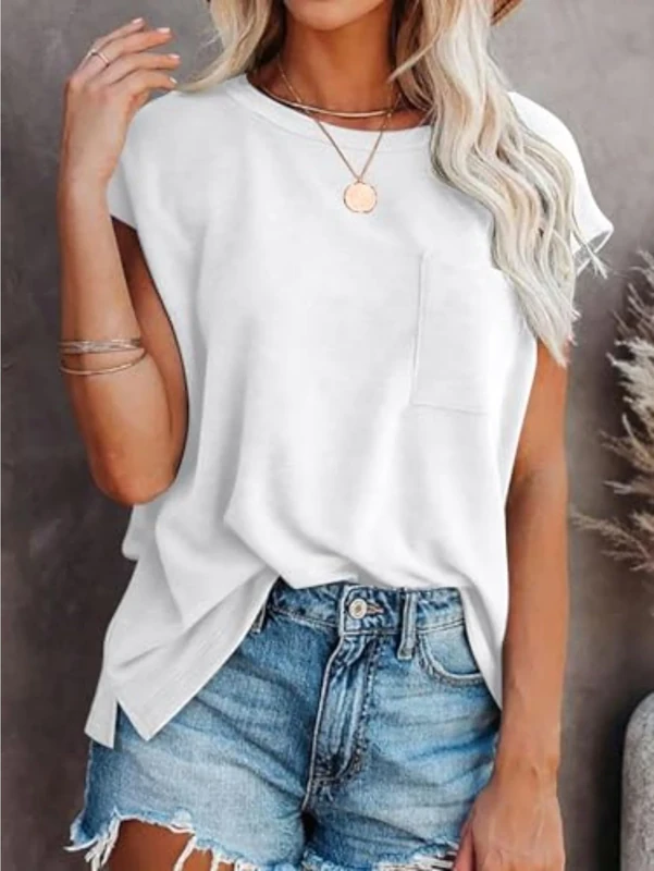 Women's Cap Sleeve Top Summer T-Shirt with Pocket Basic T-Shirt Casual Loose Round Neck Top, White, Large