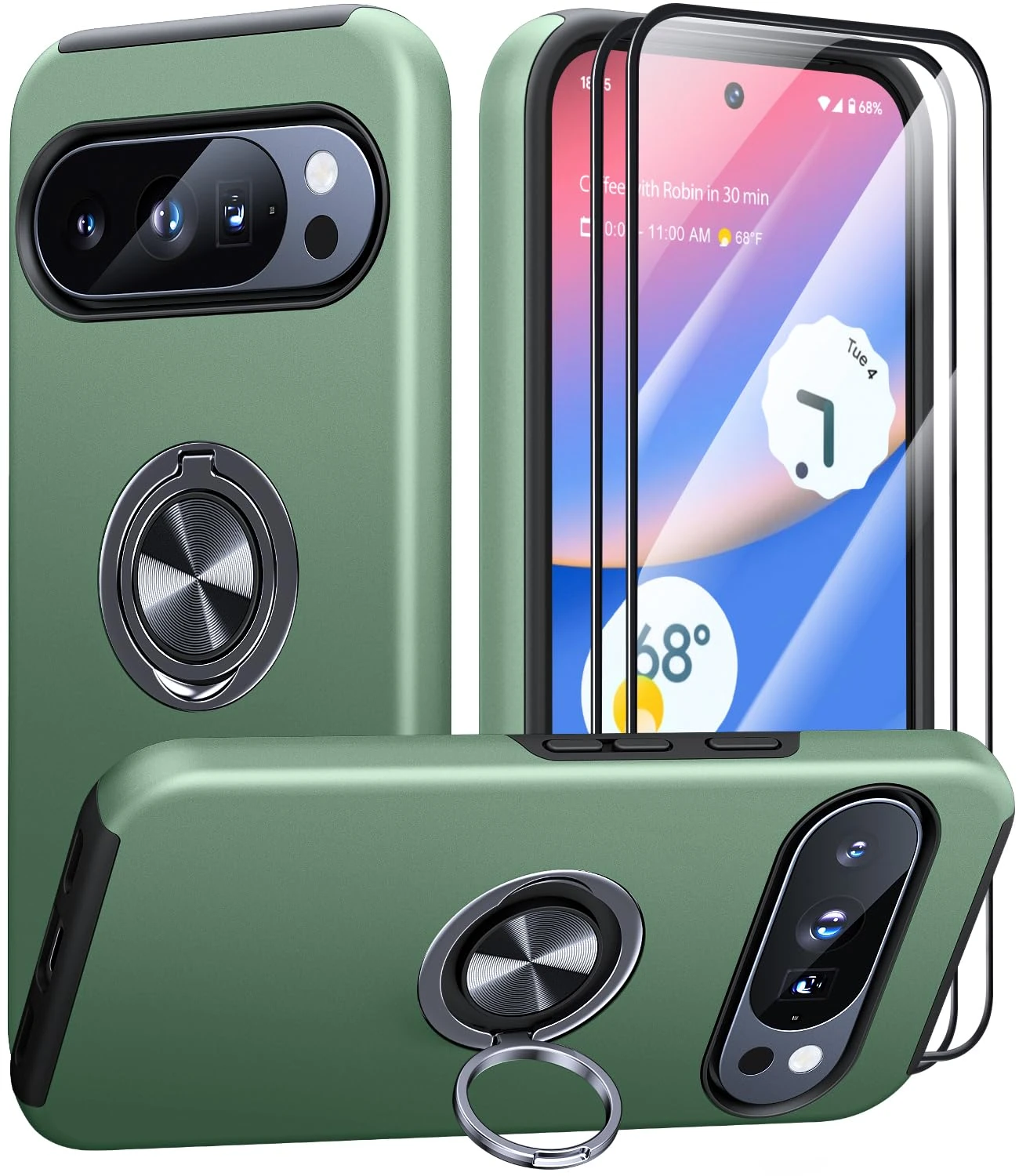 AOUIA for Google Pixel 10 Pro XL Case with 2 Pack Screen Protector, Military Protection Shockproof Phone Case for Pixel 10 Pro XL with 360° Rotating Ring Kickstand, Alpine Green