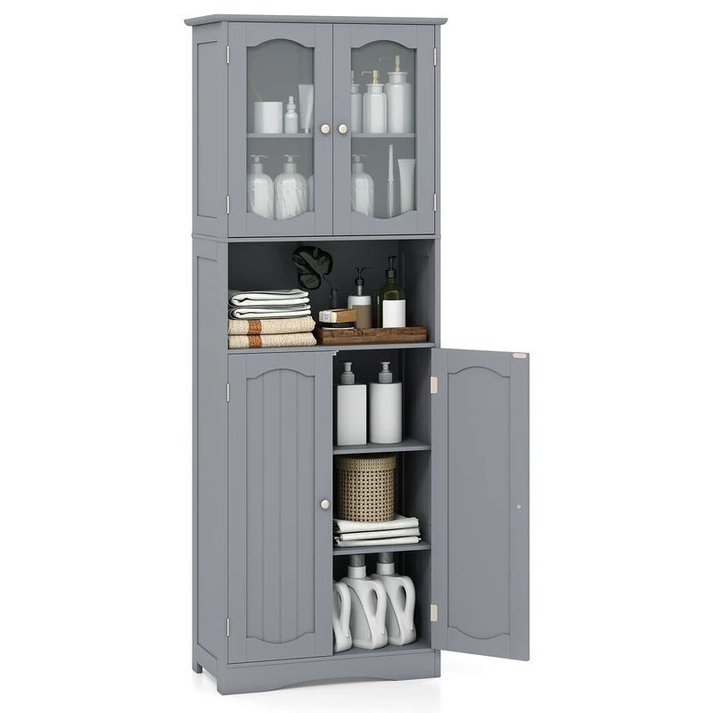 RELAX4LIFE Bathroom Tall Cabinet, Wooden Storage Cupboard with Frost Tempered Glass Doors, Adjustable Shelves & Open Compartment, Freestanding Bathroom Floor Cabinet Tallboy Unit (Grey)
