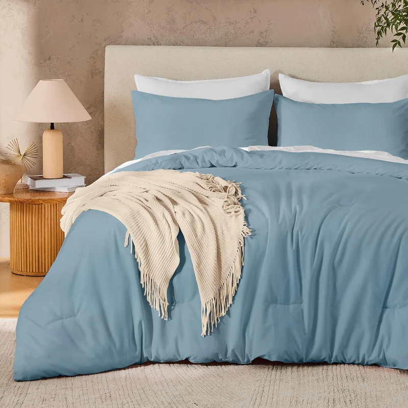 Andency Grayish Blue Comforter Set Super King Plus Fluffy Bedding 3 Pieces