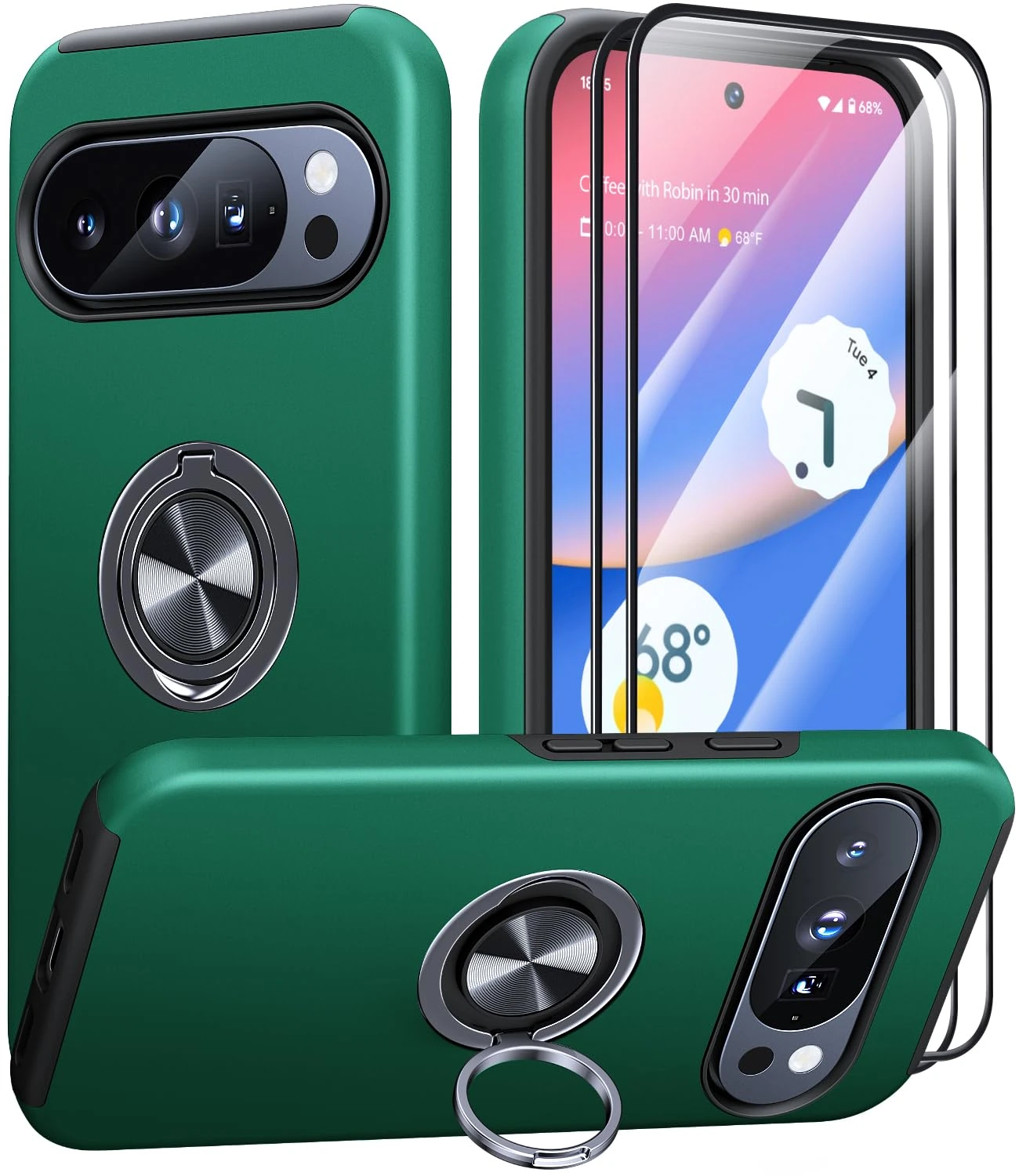 AOUIA for Google Pixel 10 Pro XL Case with 2 Pack Screen Protector, Military Protection Shockproof Phone Case for Pixel 10 Pro XL with 360° Rotating Ring Kickstand, Green