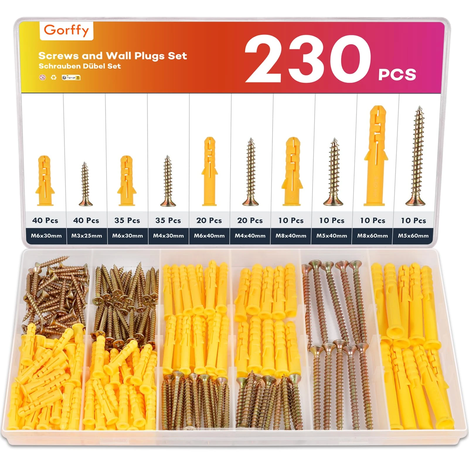Gorffy 230PCS Screws and Wall Plugs Set, 115 x Masonry Screws and 115 x Expansion Anchor Bolts, M3/M4/M5/M6/M8 Assorted Wall Plug and Screw, Masonry Screw for Brick Wall & Concrete Fixing