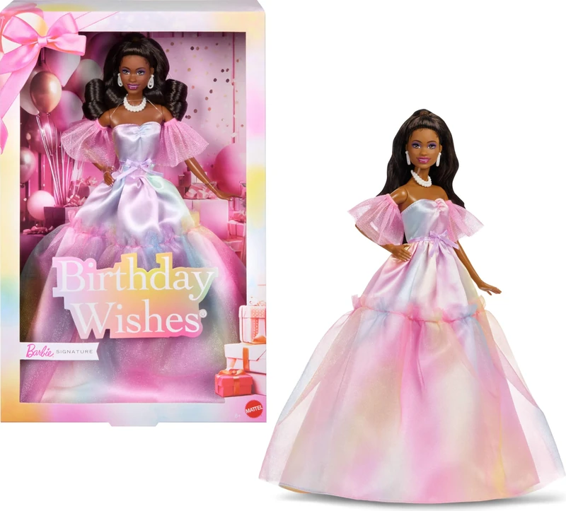 Barbie Signature Birthday Wishes Fashion Doll with Black Hair in Dress with Pastel Rainbow Effect, Collectible Toy with Giftable Packaging, JJX80