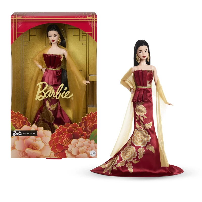 Barbie Signature Lunar New Year Fashion Doll Wearing Red Dress with Golden Peony Print, Collectible Holiday Toy, JJX83