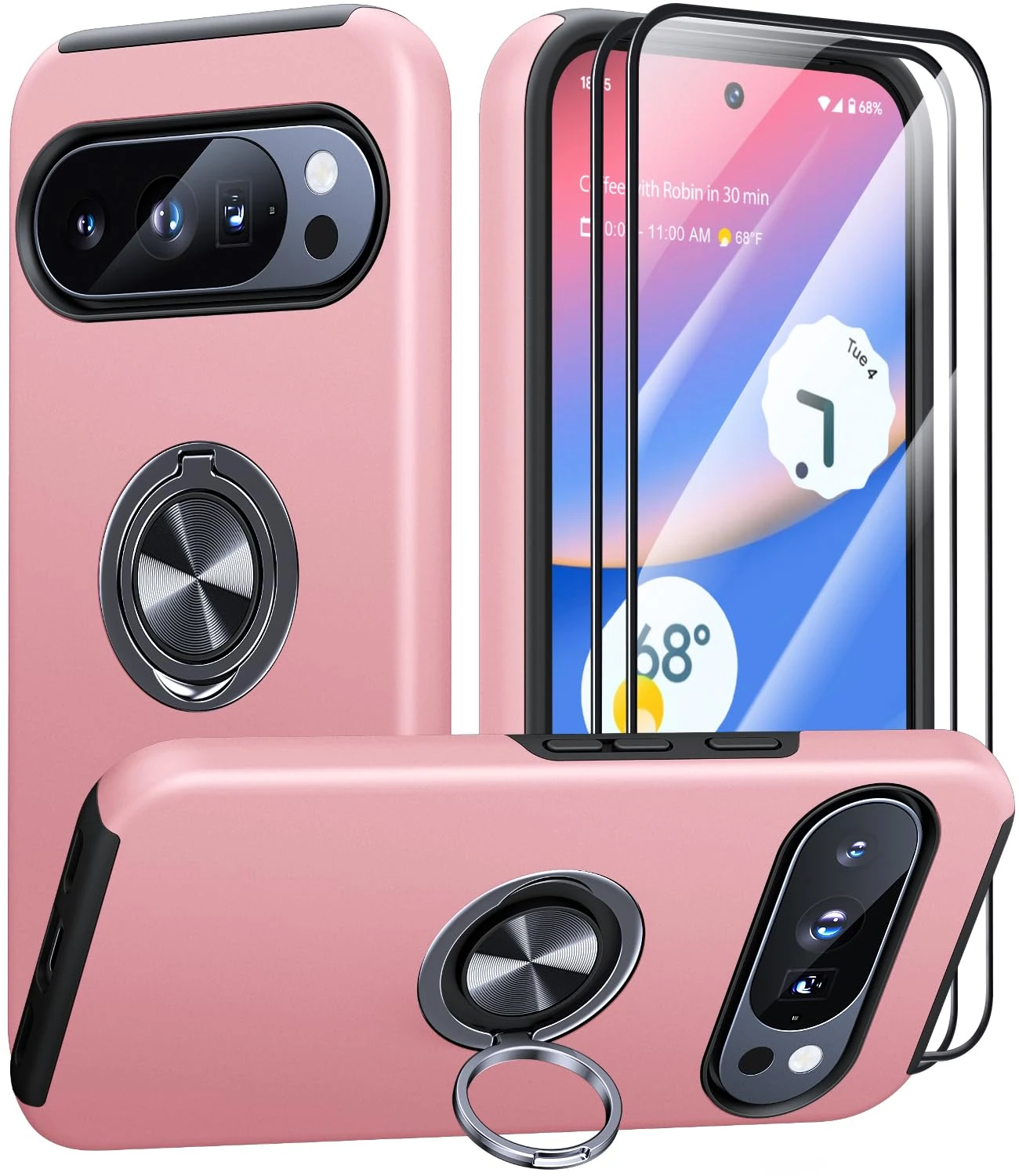 AOUIA for Google Pixel 10 Pro XL Case with 2 Pack Screen Protector, Military Protection Shockproof Phone Case for Pixel 10 Pro XL with 360° Rotating Ring Kickstand, Pink
