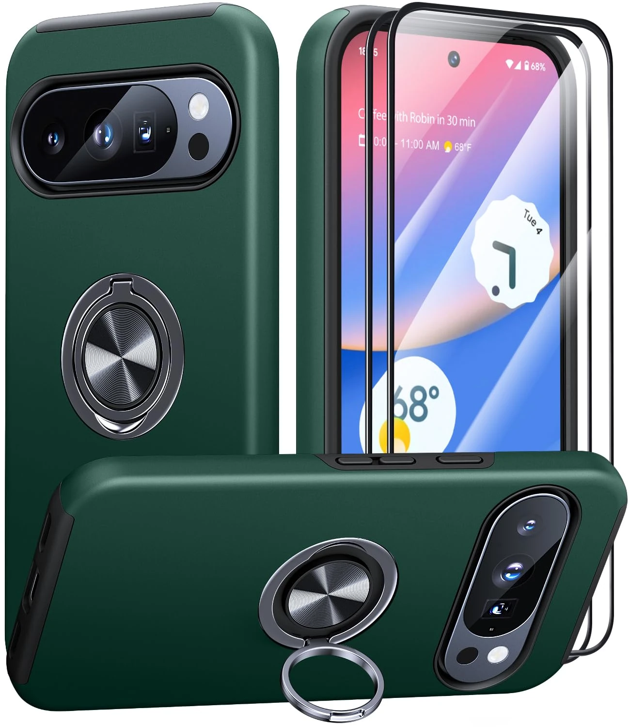 AOUIA for Google Pixel 10 Pro XL Case with 2 Pack Screen Protector, Military Protection Shockproof Phone Case for Pixel 10 Pro XL with 360° Rotating Ring Kickstand, Dark Green