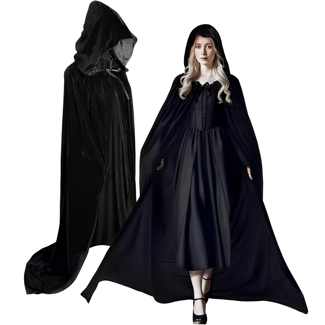 KUMSODE 1 Piece Black Cape with Hood Cape Medieval Cape Coat Satin Carnival Halloween Christmas Costume Adult (140 cm)
