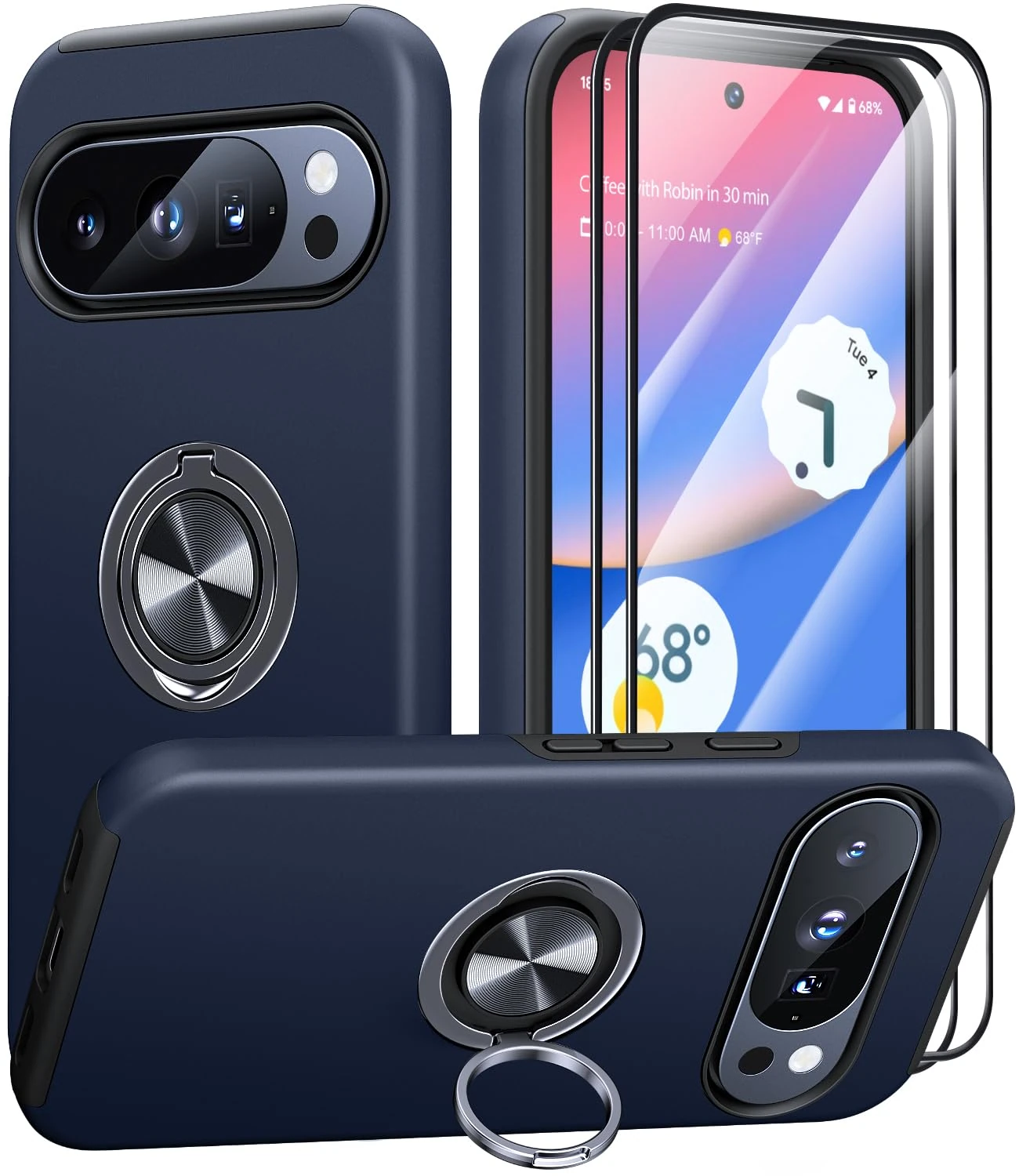 AOUIA for Google Pixel 10 Pro XL Case with 2 Pack Screen Protector, Military Protection Shockproof Phone Case for Pixel 10 Pro XL with 360° Rotating Ring Kickstand, Blue