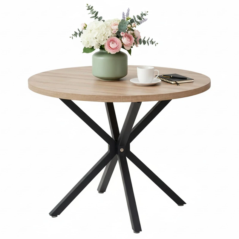 GrandCA HOME 100 cm Round Dining Table, Large Dining Table, Suitable for 4-6 People, MDF Board/Metal Iron Legs, Suitable for Kitchen, Dining Room, Cafe, Living Room (Light Wood Grain) - Image 1