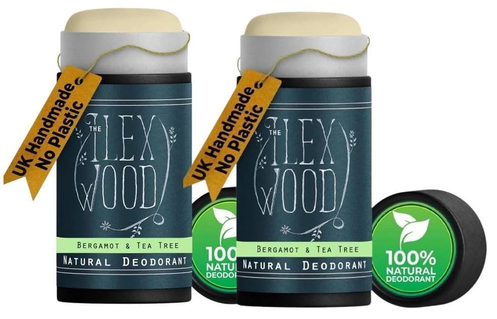 The Ilex Wood Natural Deodorant Stick Pack of 2 (2 x 70ml) – Handmade in UK, Vegan, Plastic Free, Aluminium Salt & Alcohol Free, Eco Friendly Cardboard Tube – Bergamot and Tea Tree (Citrus).