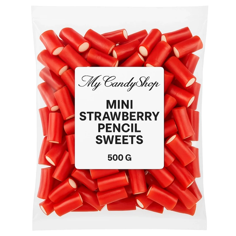 Mini Strawberry Pencils Sweets Bag 500g – Fruity Red & White Filled Cables Candy – Fun Surprise for Kids & Adults – Soft Strawberry Laces, Pencil Tubes Pick and Mix Sweets for Sharing & Gifting