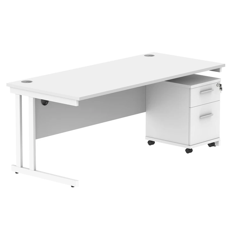 Office Hippo Heavy Duty Contract Grade Office Desk Workstation and Lockable 2-Drawer Pedestal Set, 120kg Weight Tolerance, 5-Year Warranty, FSC Certified, White, White Legs, 1800 x 800mm