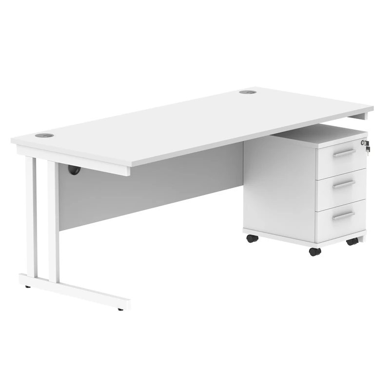 Office Hippo Heavy Duty Rectangular Desk, 3 Drawer Mobile Pedestal, White Frame, Arctic White, 180 x 80 x 73 cm