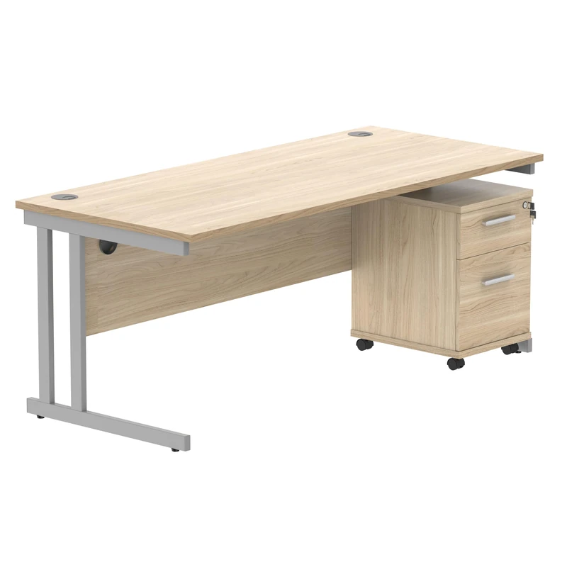 Office Hippo Heavy Duty Contract Grade Office Desk Workstation and Lockable 2-Drawer Pedestal Set, 120kg Weight Tolerance, 5-Year Warranty, FSC Certified, Canadian Oak, Silver Legs, 1800 x 800mm