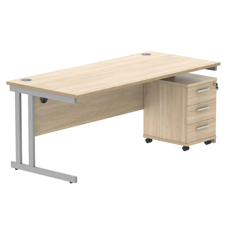 Office Hippo Heavy Duty Rectangular Desk, 3 Drawer Mobile Pedestal, Silver Frame, Canadian Oak, 180 x 80 x 73 cm