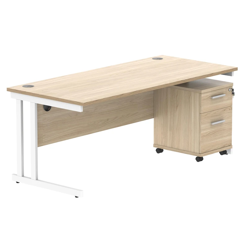 Office Hippo Heavy Duty Contract Grade Office Desk Workstation and Lockable 2-Drawer Pedestal Set, 120kg Weight Tolerance, 5-Year Warranty, FSC Certified, Canadian Oak, White Legs, 1800 x 800mm