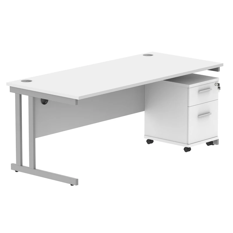 Office Hippo Heavy Duty Contract Grade Office Desk Workstation and Lockable 2-Drawer Pedestal Set, 120kg Weight Tolerance, 5-Year Warranty, FSC Certified, White, Silver Legs, 1800 x 800mm