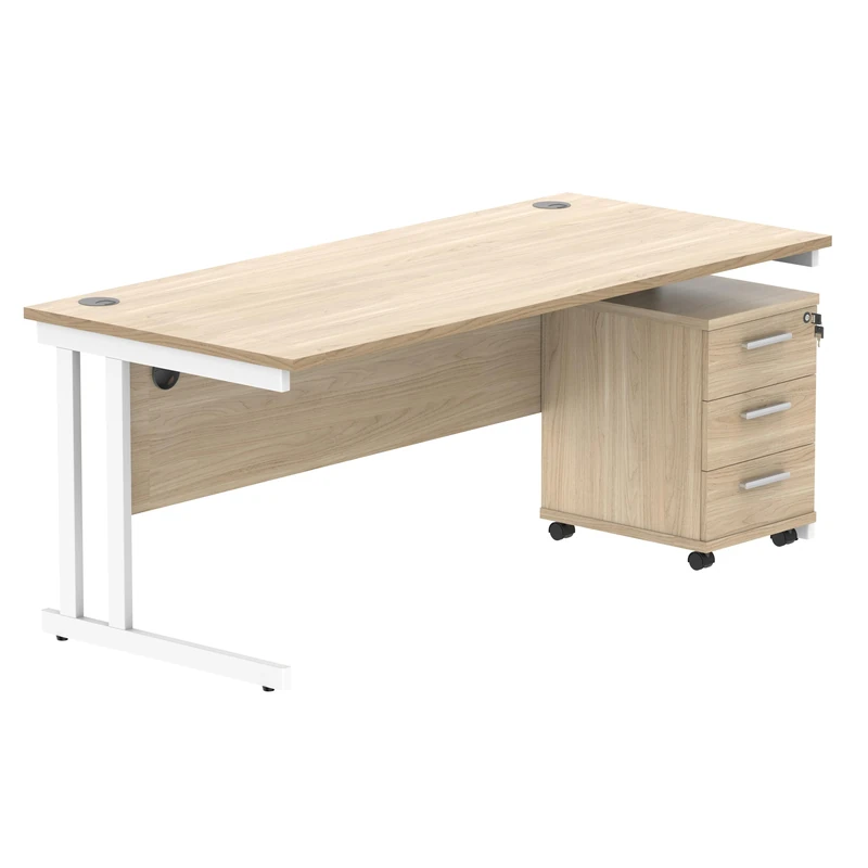 Office Hippo Heavy Duty Rectangular Desk, 3 Drawer Mobile Pedestal, White Frame, Canadian Oak, 180 x 80 x 73 cm
