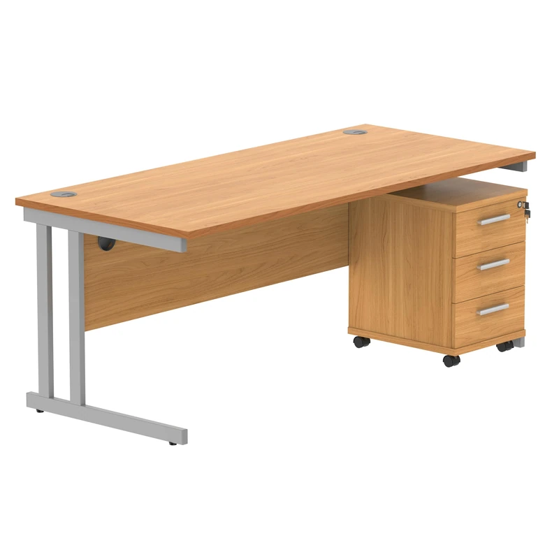 Office Hippo Heavy Duty Rectangular Desk, 3 Drawer Mobile Pedestal, Silver Frame, Norwegian Beech, 180 x 80 x 73 cm