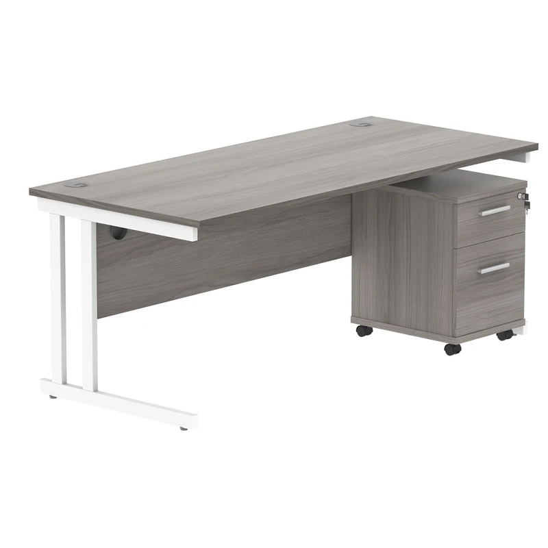 Office Hippo Heavy Duty Contract Grade Office Desk Workstation and Lockable 2-Drawer Pedestal Set, 120kg Weight Tolerance, 5-Year Warranty, FSC Certified, Alaskan Grey Oak, White Legs, 1800 x 800mm
