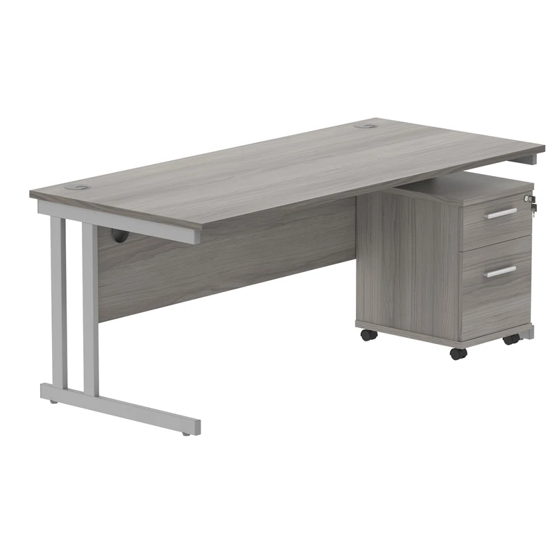 Office Hippo Heavy Duty Contract Grade Office Desk Workstation and Lockable 2-Drawer Pedestal Set, 120kg Weight Tolerance, 5-Year Warranty, FSC Certified, Alaskan Grey Oak, Silver Legs, 1800 x 800mm