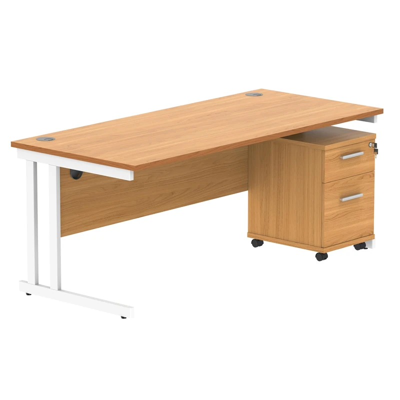 Office Hippo Heavy Duty Contract Grade Office Desk Workstation and Lockable 2-Drawer Pedestal Set, 120kg Weight Tolerance, 5-Year Warranty, FSC Certified, Norwegian Beech, White Legs, 1800 x 800mm