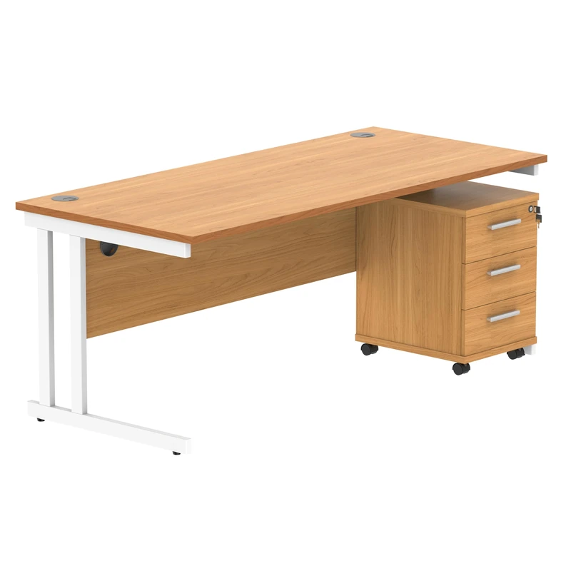 Office Hippo Heavy Duty Rectangular Desk, 3 Drawer Mobile Pedestal, White Frame, Norwegian Beech, 180 x 80 x 73 cm