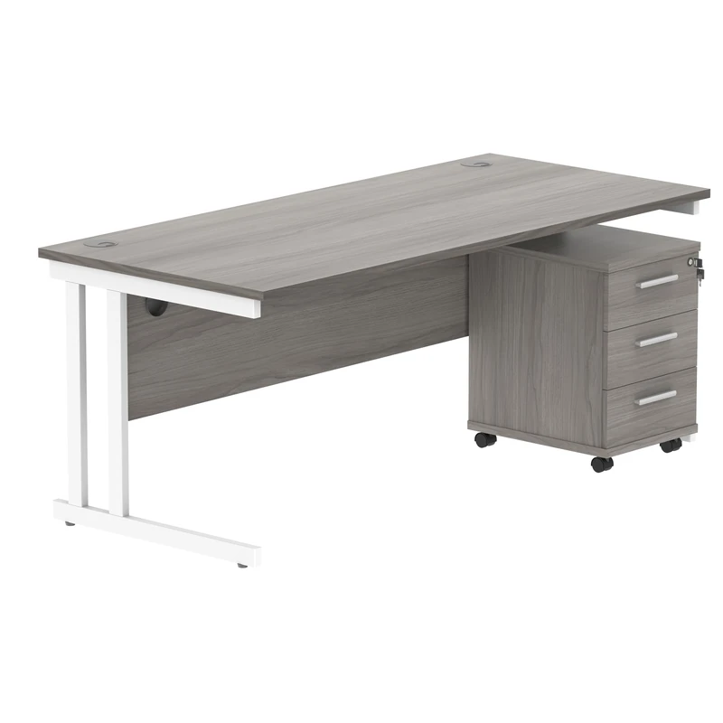 Office Hippo Heavy Duty Rectangular Desk, 3 Drawer Mobile Pedestal, White Frame, Alaskan Grey Oak, 180 x 80 x 73 cm