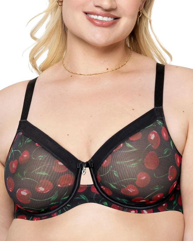 Curvy Couture Women's Sheer Mesh Full-Coverage Unlined Underwire Bra, Cherry Pop, 40D