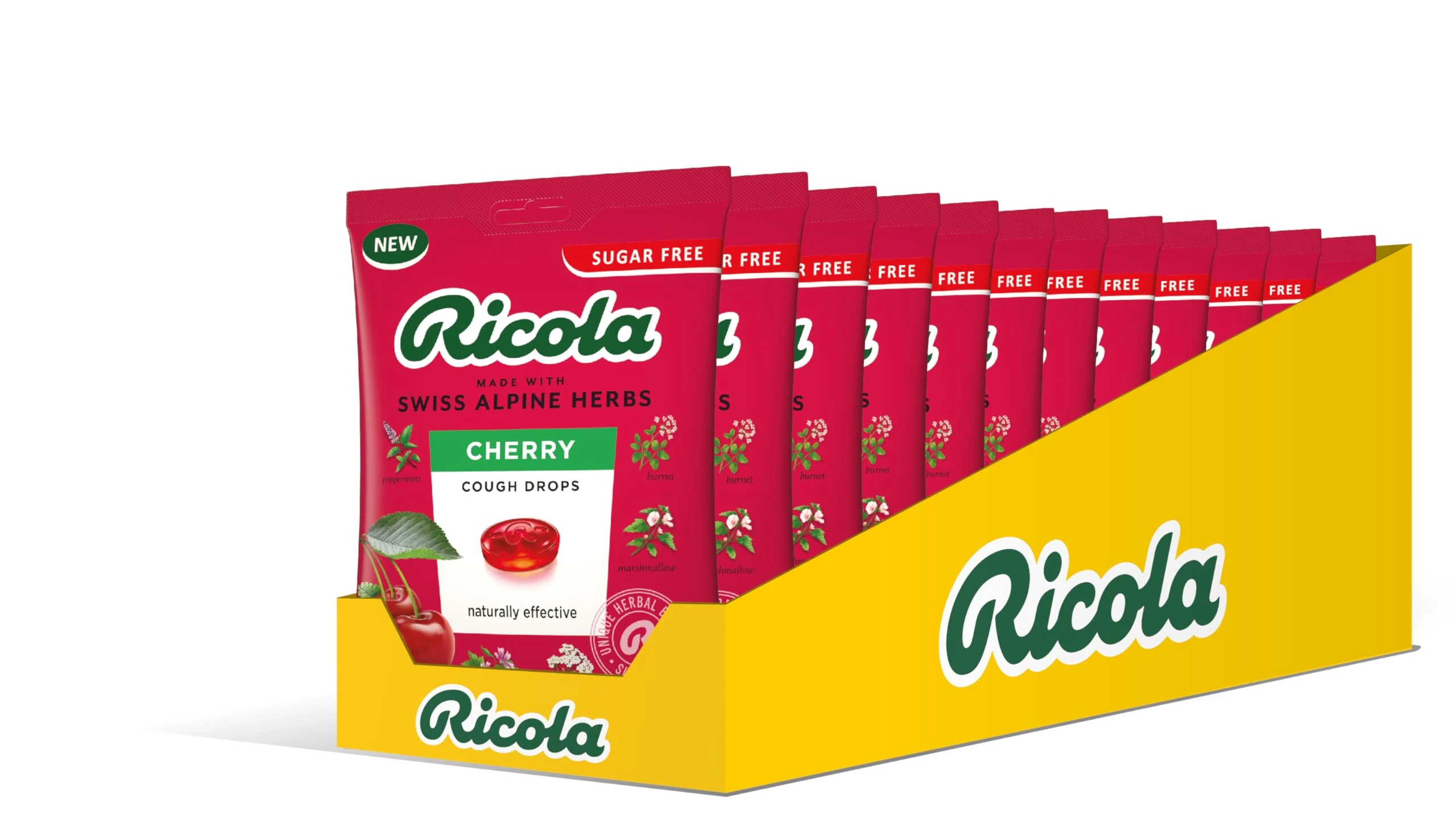 Ricola Cherry Cough Drops Bag, Pack of 12, Naturally Effective Throat Lozenges, Sugar Free Cough Sweets, 70 g