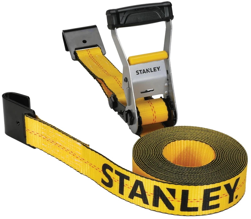 STANLEY S10000F Black/Yellow 2" x 27' Ratchet Strap with Flat Hooks - 3,333 LBS Safe Working Load / 10,000 LBS Break Strength