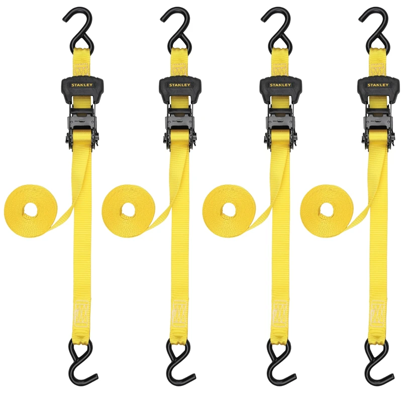 STANLEY S10204 1.25" x 16' Pre-Threaded Ratchet Straps - 1,000 LBS Safe Working Load / 3,000 LBS Break Strength, 4 Pack