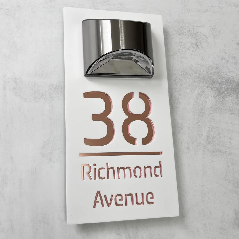 House Numbers Plaques With Solar Light House Numbers Door Signs Personalised Door Number For Wall Name Outside (White and Mirror Rose Gold)